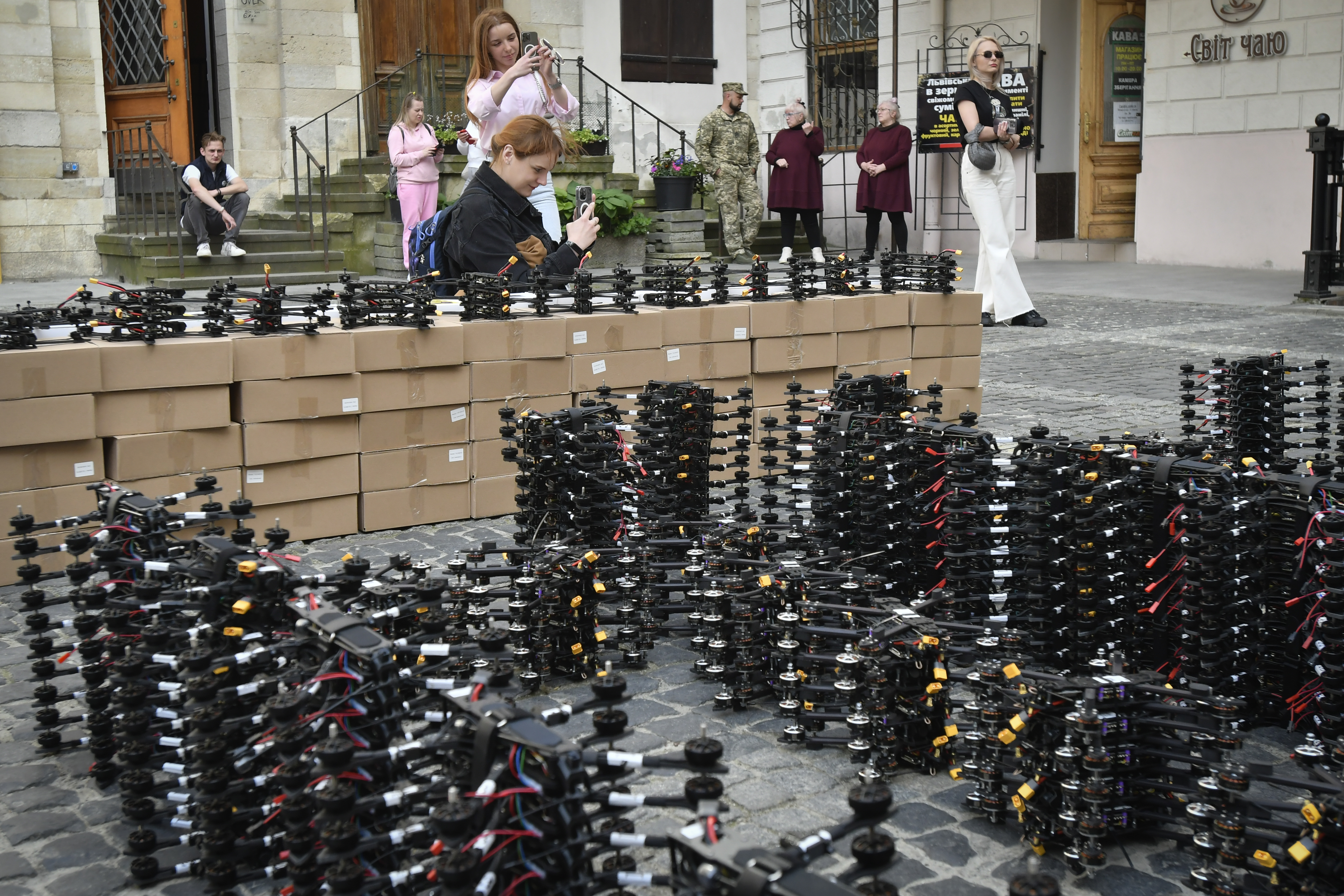 Over 800 FPV drones from the city volunteers are seen in central Lviv, western Ukraine, Friday, May 10, 2024. Lviv volunteers have handed over nearly 7 300 drones to the Ukrainian army over the year in the frame of project "Birds of Victory".Source: AP Photo.